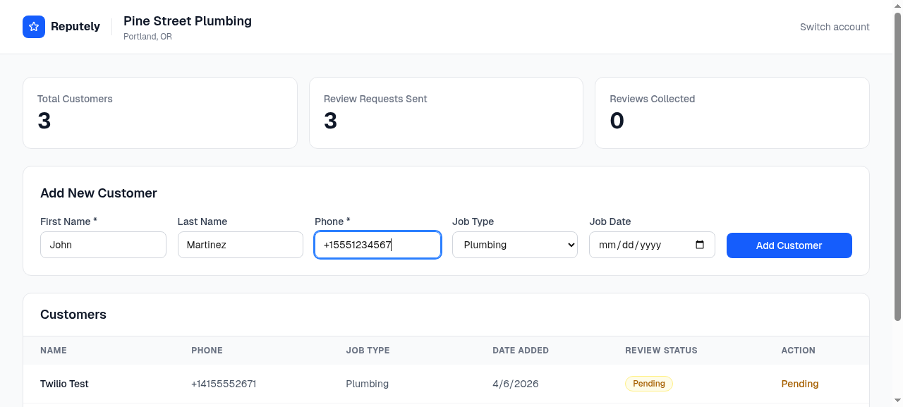 Adding a new customer with name, phone, and job type