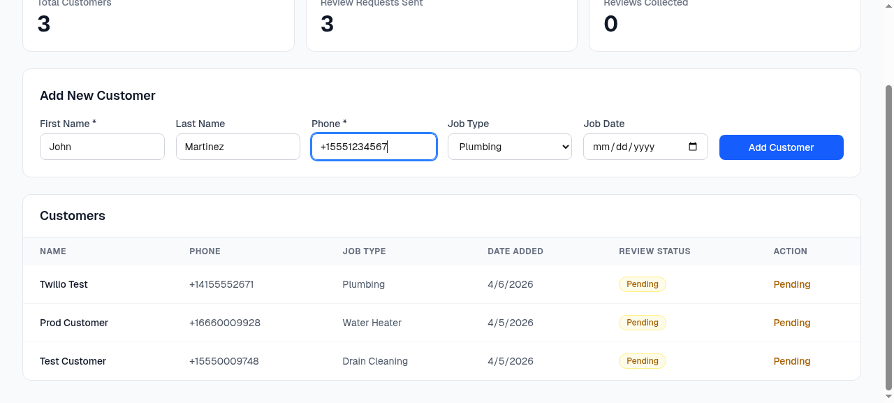 Customer list showing review request statuses and send buttons